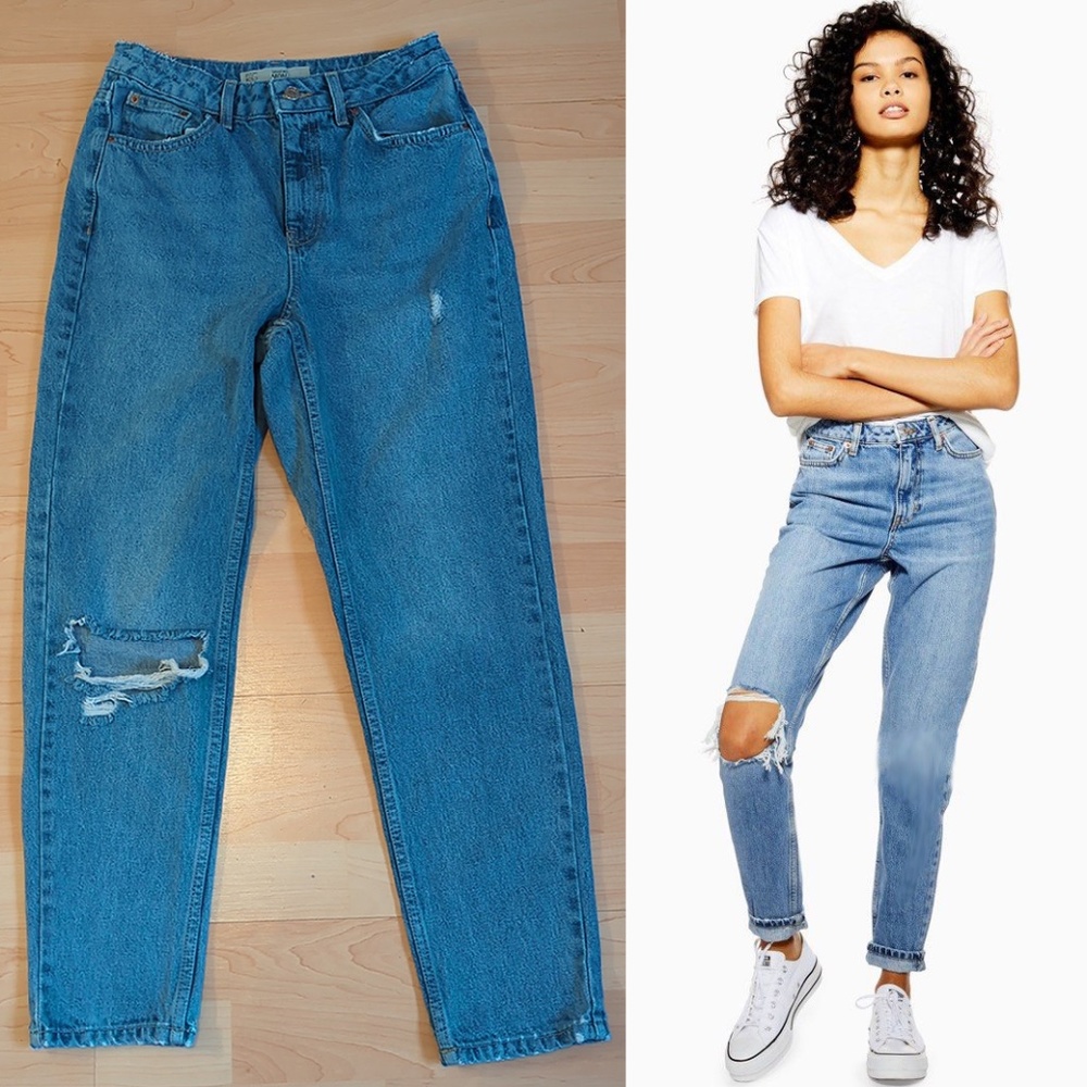 Topshop Moto Mom High Rise Distressed Ripped Knee Jeans SZ 26